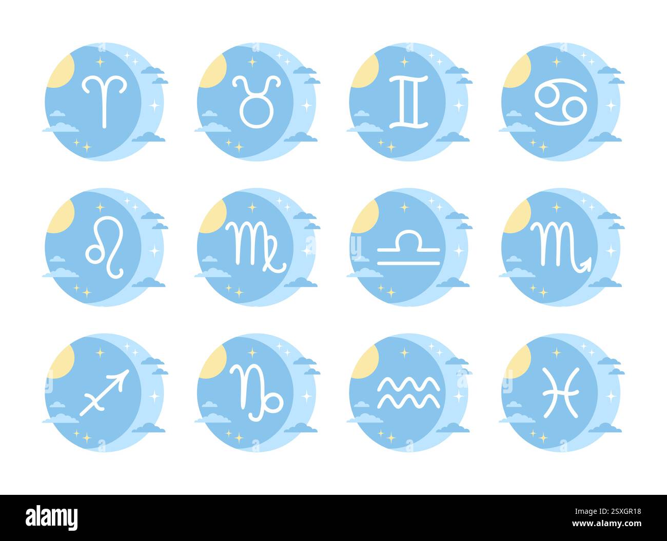 Set di segni zodiacali blu pastello con sole, luna, nuvole e stelle, isolati su sfondo bianco. Illustrazione vettoriale in stile piatto Illustrazione Vettoriale Set di segni zodiacali blu pastello con sole, luna, nuvole e stelle, isolati su sfondo bianco. Illustrazione vettoriale in stile piatto Illustrazione Vettoriale