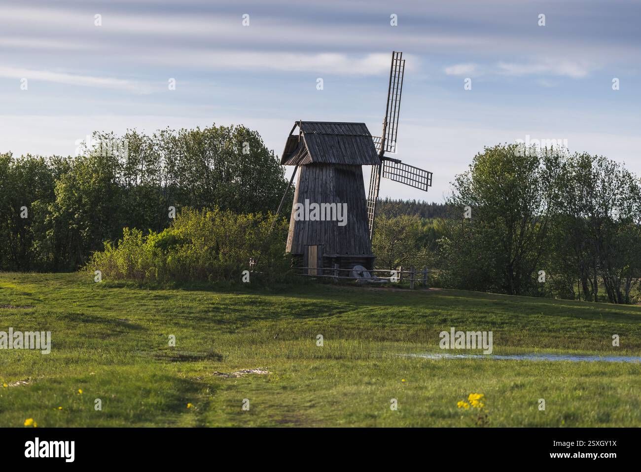 Un mulino a vento in legno circondato da erba verde, alberi e un tranquillo cielo blu, raffigurante il fascino rurale e la serenità Foto Stock