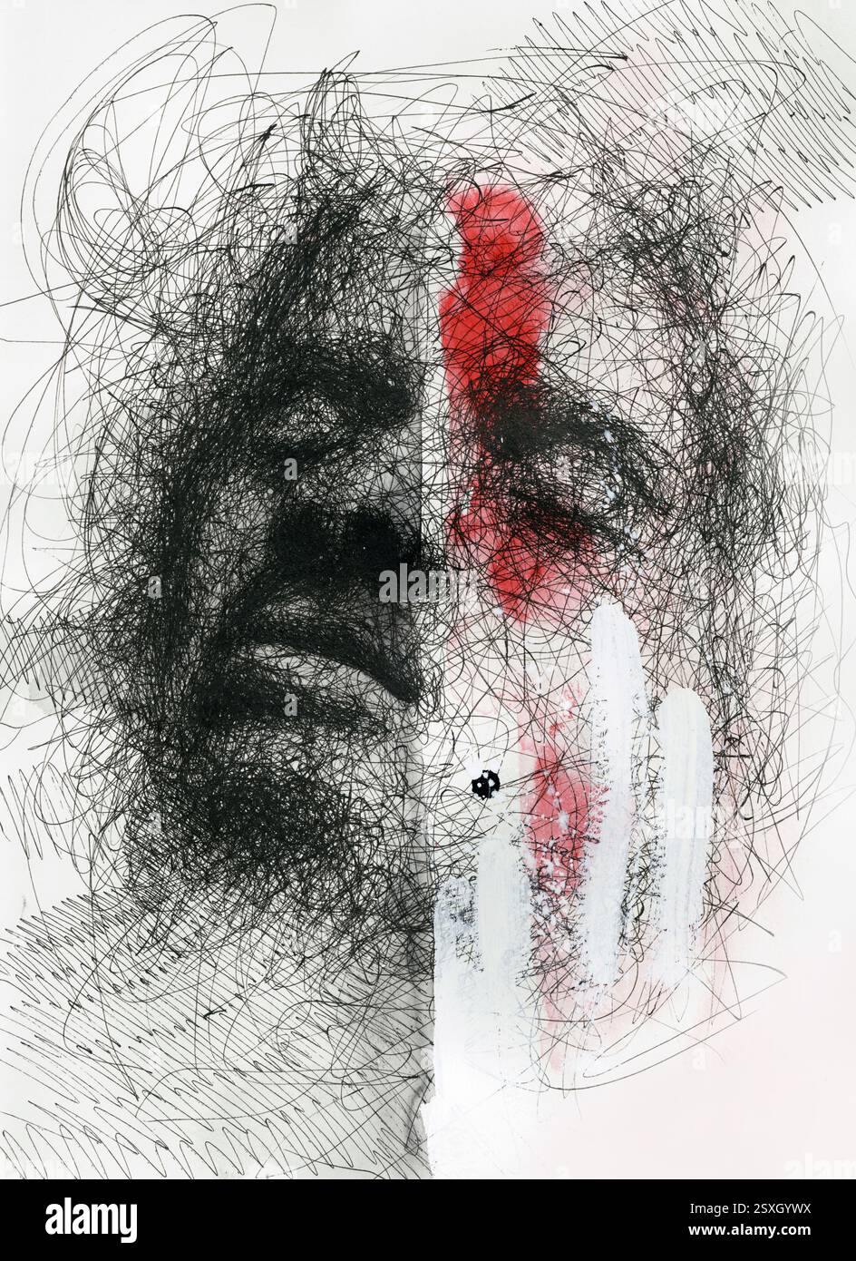 Espressione artistica dell'emozione attraverso linee caotiche e colori contrastanti. Ritratto di esperienza umana complessa Foto Stock