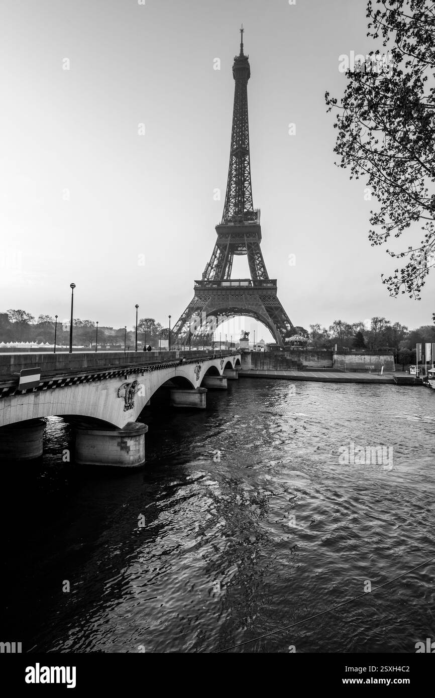 All'alba, la Torre Eiffel si erge maestosamente accanto alla Senna, circondata dalla luce soffusa del mattino. Le acque tranquille riflettono l'iconica struttura, creando una serena atmosfera parigina. Foto Stock