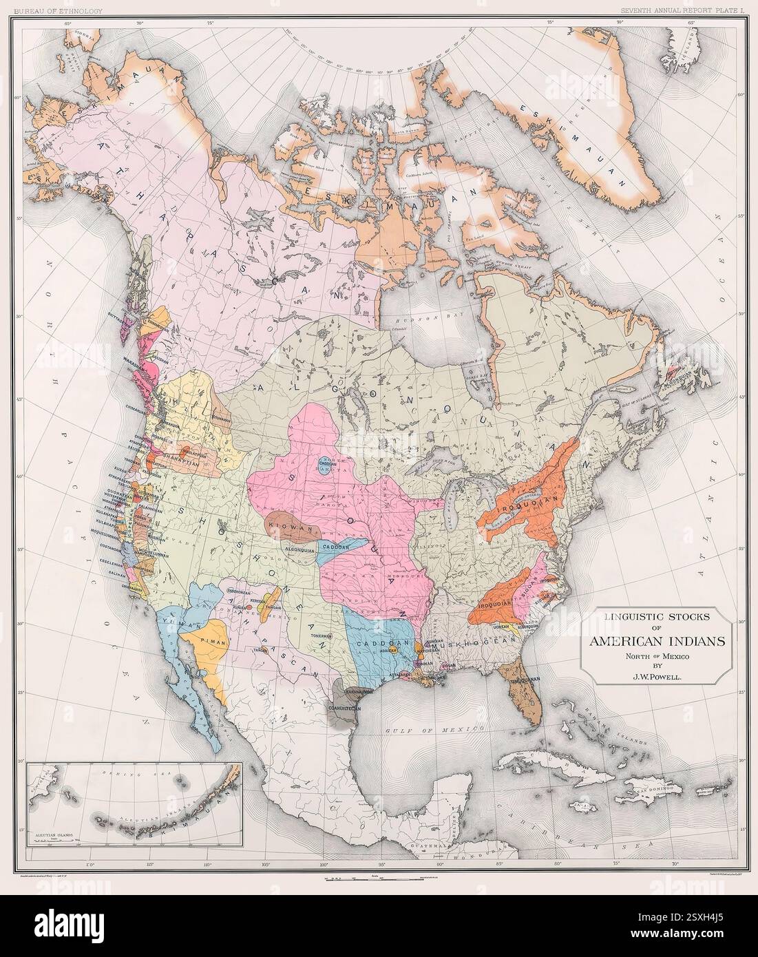 Riproduzione migliorata e restaurata di una mappa del 1891 del Nord America che mostra le lingue native parlate dai nativi americani del Nord America. Titolo originale: Stock linguistici degli indiani americani a nord del Messico. La mappa identifica le diverse lingue. Foto Stock