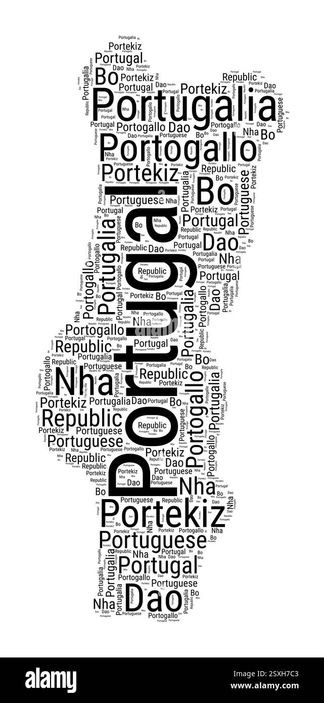Nuvola di parole in bianco e nero a forma di Portogallo. Semplice illustrazione del paese in stile tipografico. Nuvola di testo nero portoghese su sfondo bianco. Illustrazione Vettoriale