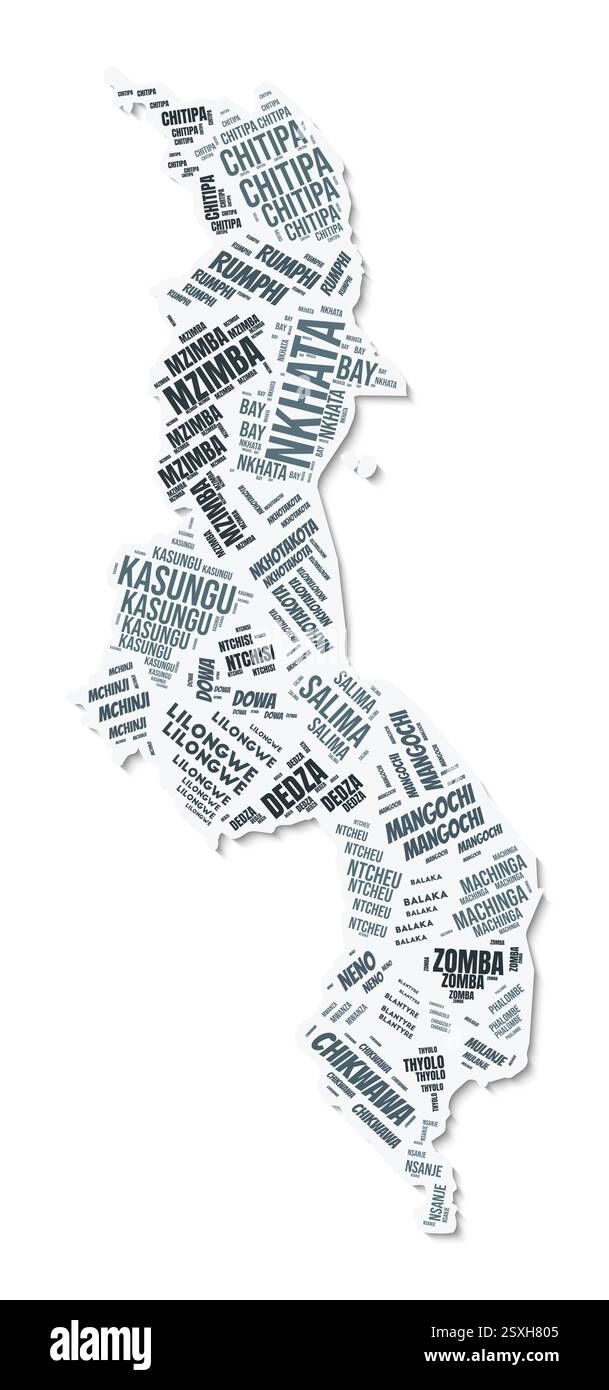 Fumetto di testo a forma di Malawi. Confine del paese con ombra su sfondo bianco. Malawi con divisione regionale in stile vintage gazette. Illustrazione Vettoriale