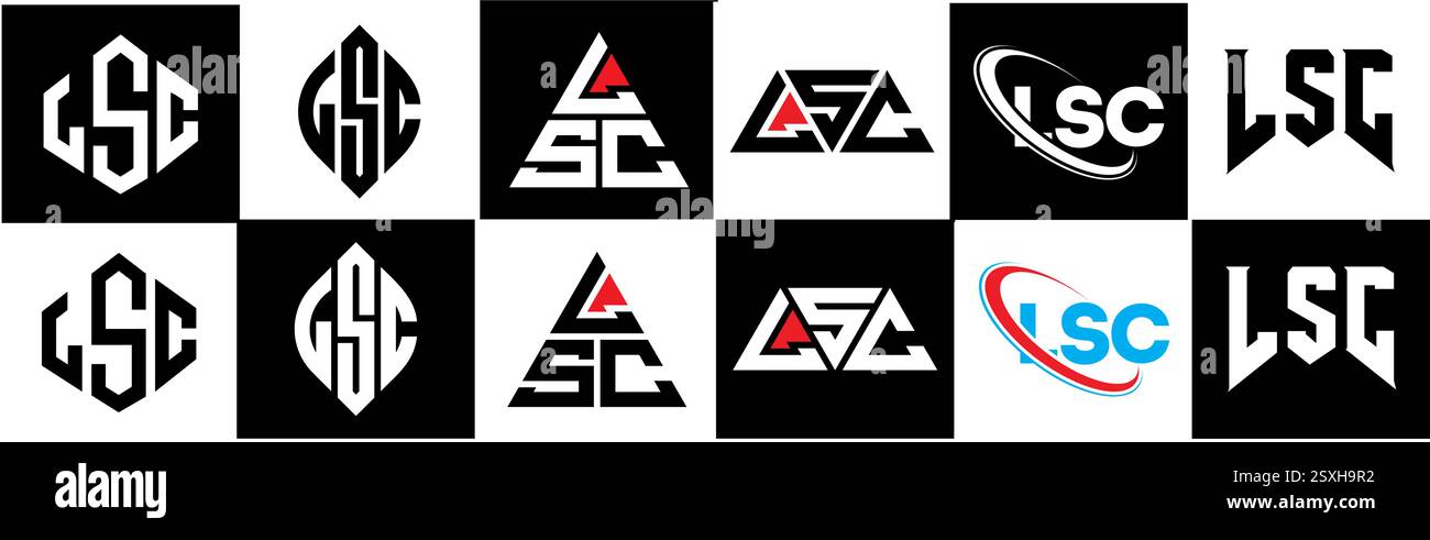 Logo LSC Letter in sei stili. Poligono LSC, cerchio, triangolo, esagono, piatto e semplice con logo lettera variazione colore bianco e nero Illustrazione Vettoriale
