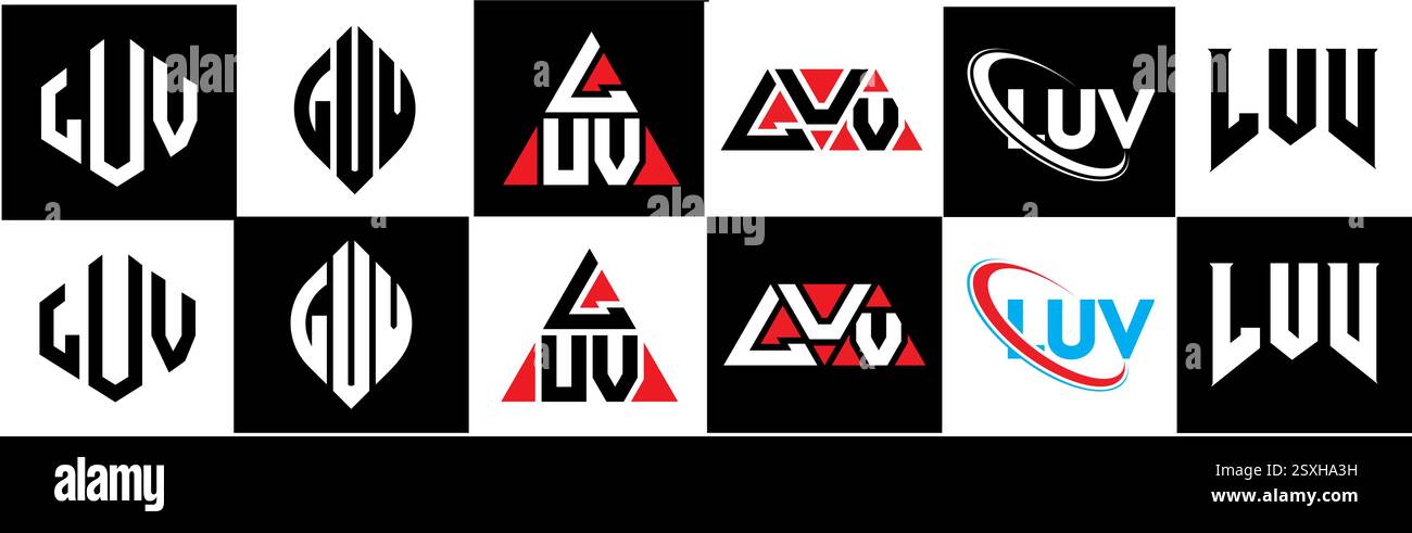 Logo Letter LUV in sei stili. Poligono LUV, cerchio, triangolo, esagono, piatto e semplice con logo lettera variazione colore bianco e nero Illustrazione Vettoriale