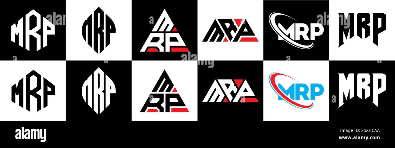 Logo MRP Letter in sei stili. Poligono MRP, cerchio, triangolo, esagono, piatto e semplice con logo lettera variazione colore bianco e nero Illustrazione Vettoriale