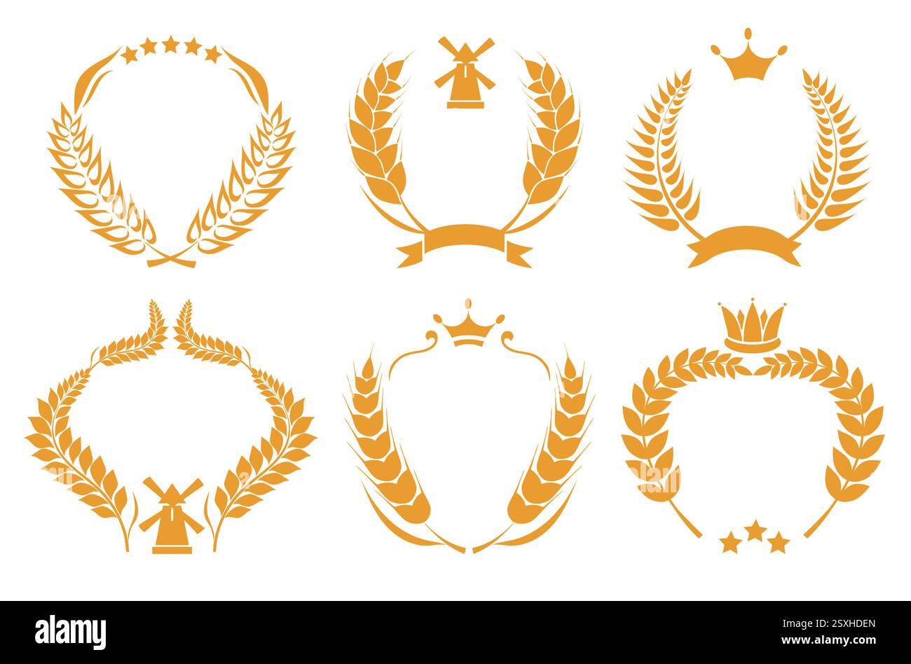 Logo grano. Telai per cereali. Elementi pronti per il design. Etichette dei prodotti agricoli. Orecchie d'orzo decorative. Emblemi dell'agricoltura con corone e stelle. Illustrazione Vettoriale