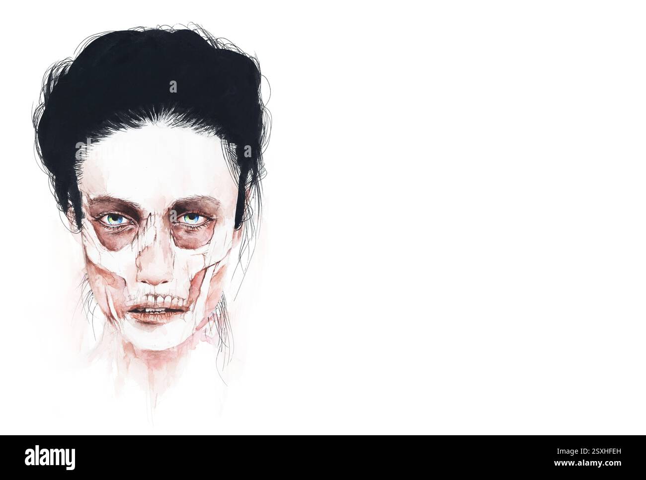 Donna con un disegno di pittura con maschera cranica, sfondo bianco con spazio di copia. Salute mentale, ansia, morte interiore concept art Foto Stock