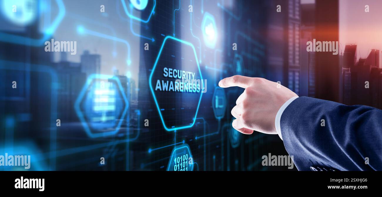 Pulsante di visualizzazione virtuale: Consapevolezza della sicurezza concetto di business, tecnologia, Internet e rete. Foto Stock