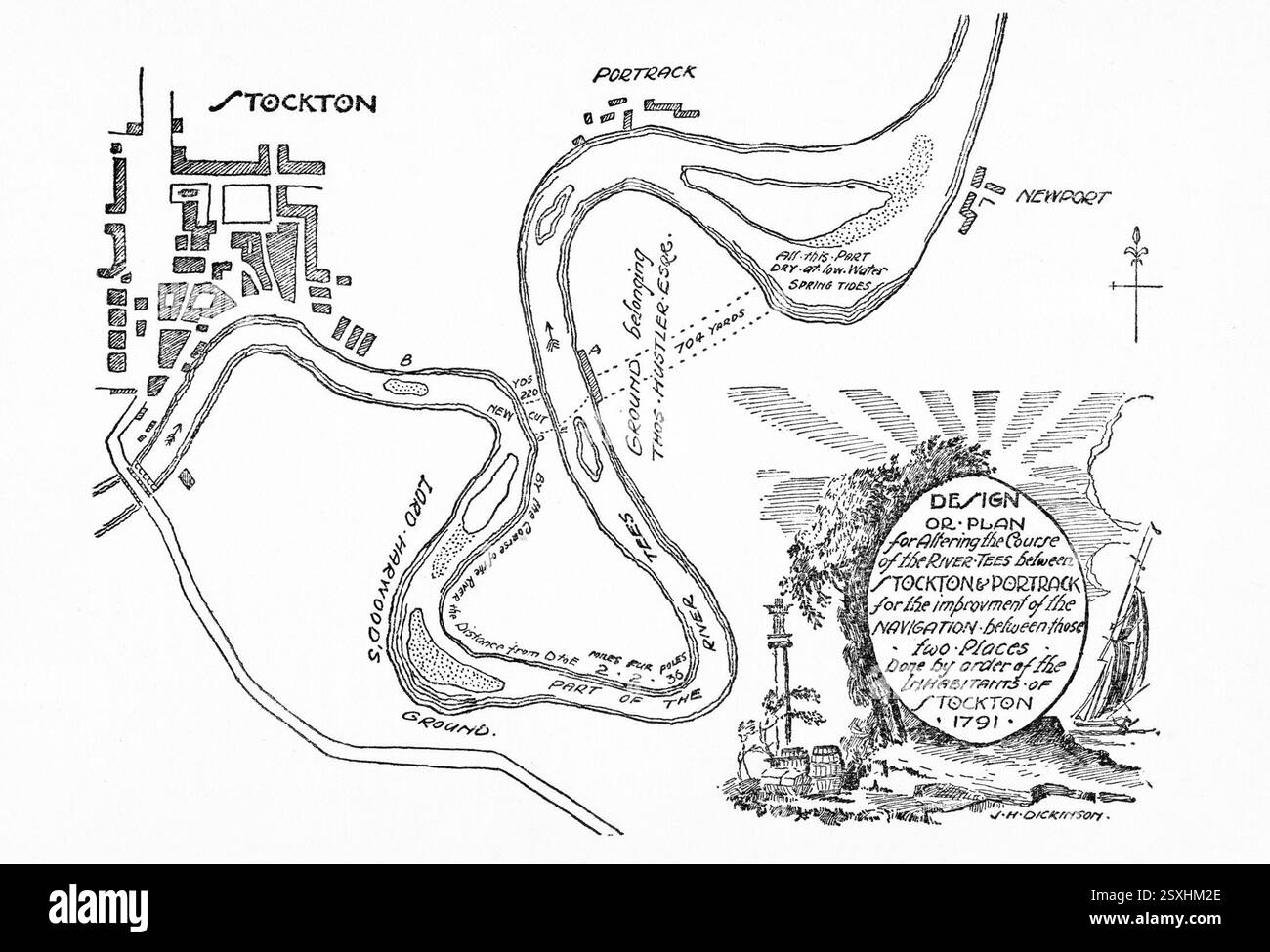 Mappa del percorso alternativo del fiume deviato dell'originale Stockton and Darlington Railway, pubblicata nell'edizione speciale Northern Echo che segna il centenario della ferrovia nel 1925 Foto Stock