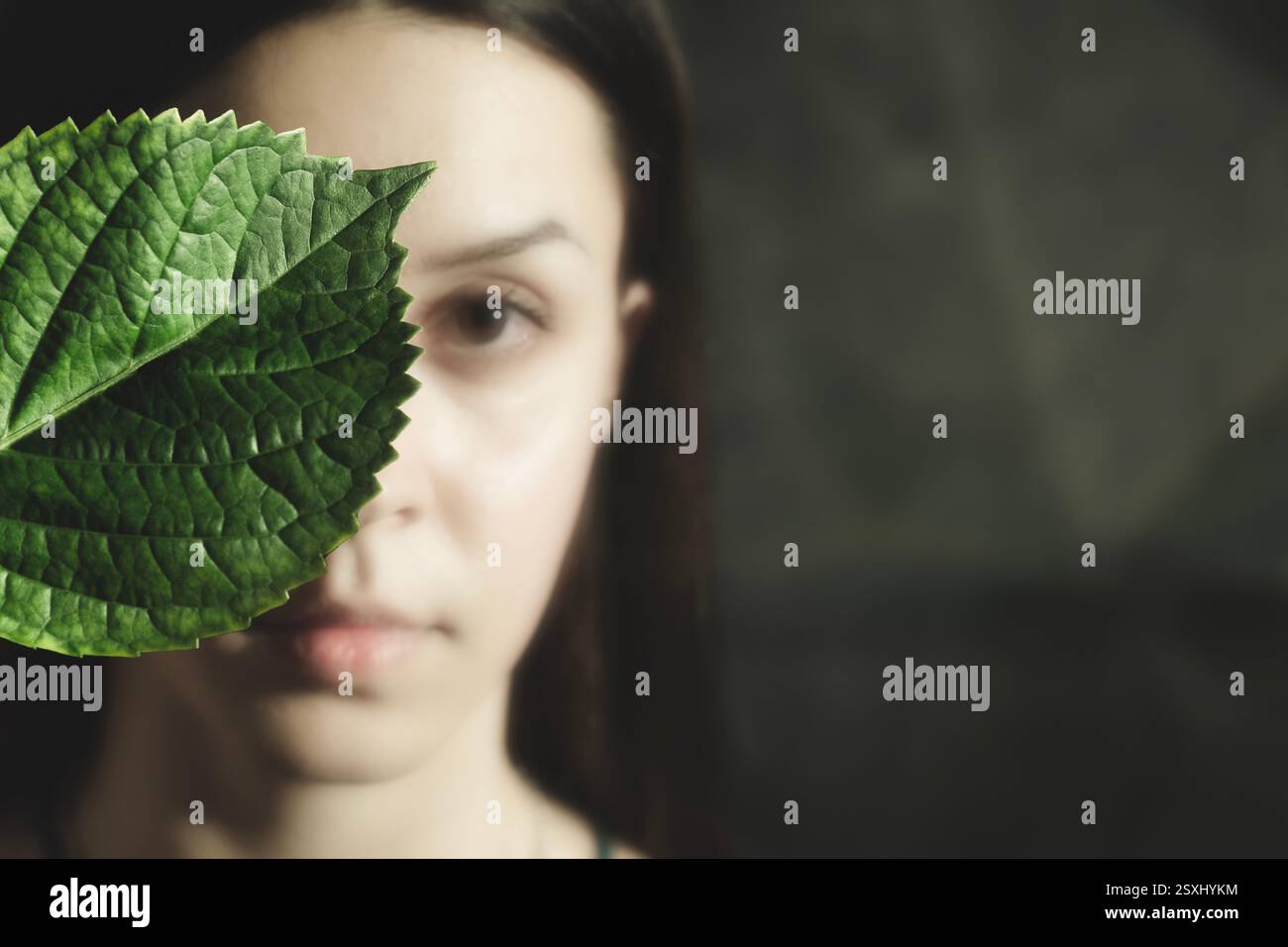 guarda una donna che nasconde la faccia dietro una grande foglia Foto Stock