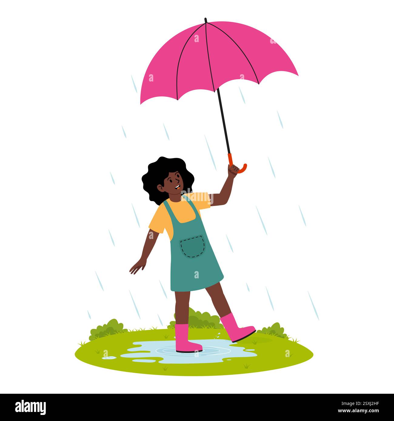 Il bambino gode di una giornata di pioggia tenendo in mano un ombrello rosa in piedi nella pozzanghera Illustrazione Vettoriale