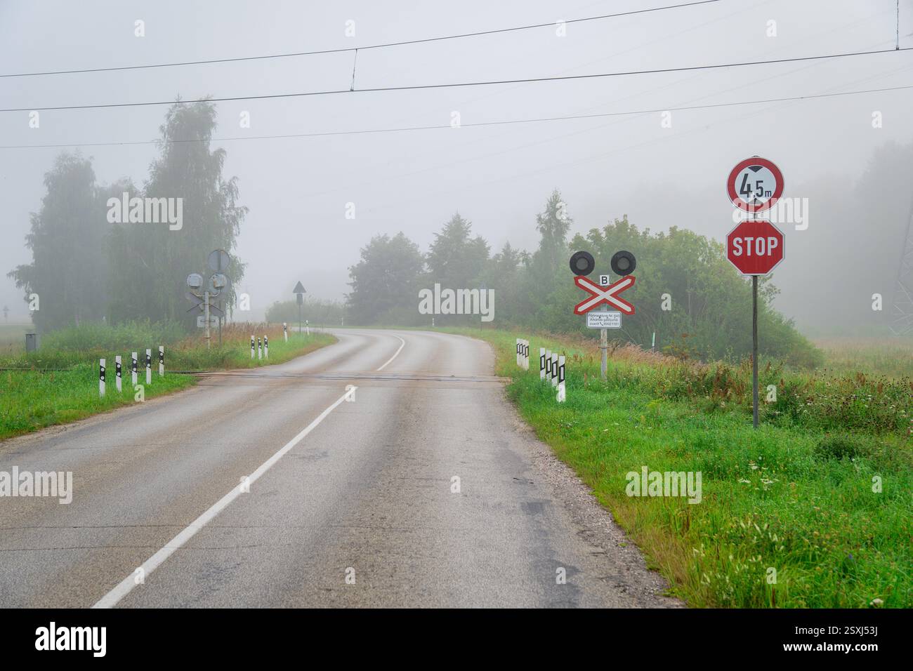 Una strada asfaltata solitaria al mattino con nebbia in estate ad un passaggio a livello senza persone e auto crea un'atmosfera tranquilla e armoniosa. Foto Stock