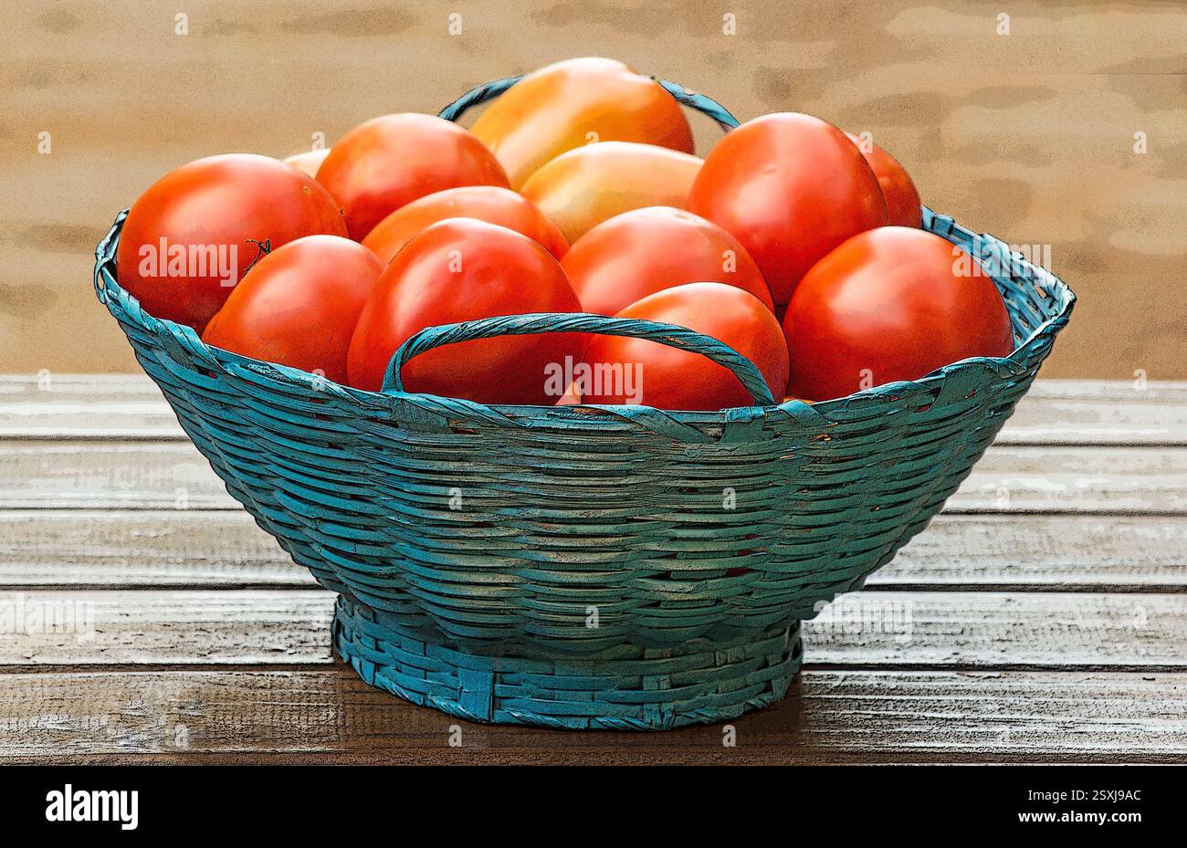 Cestino con pomodori appena raccolti Foto Stock