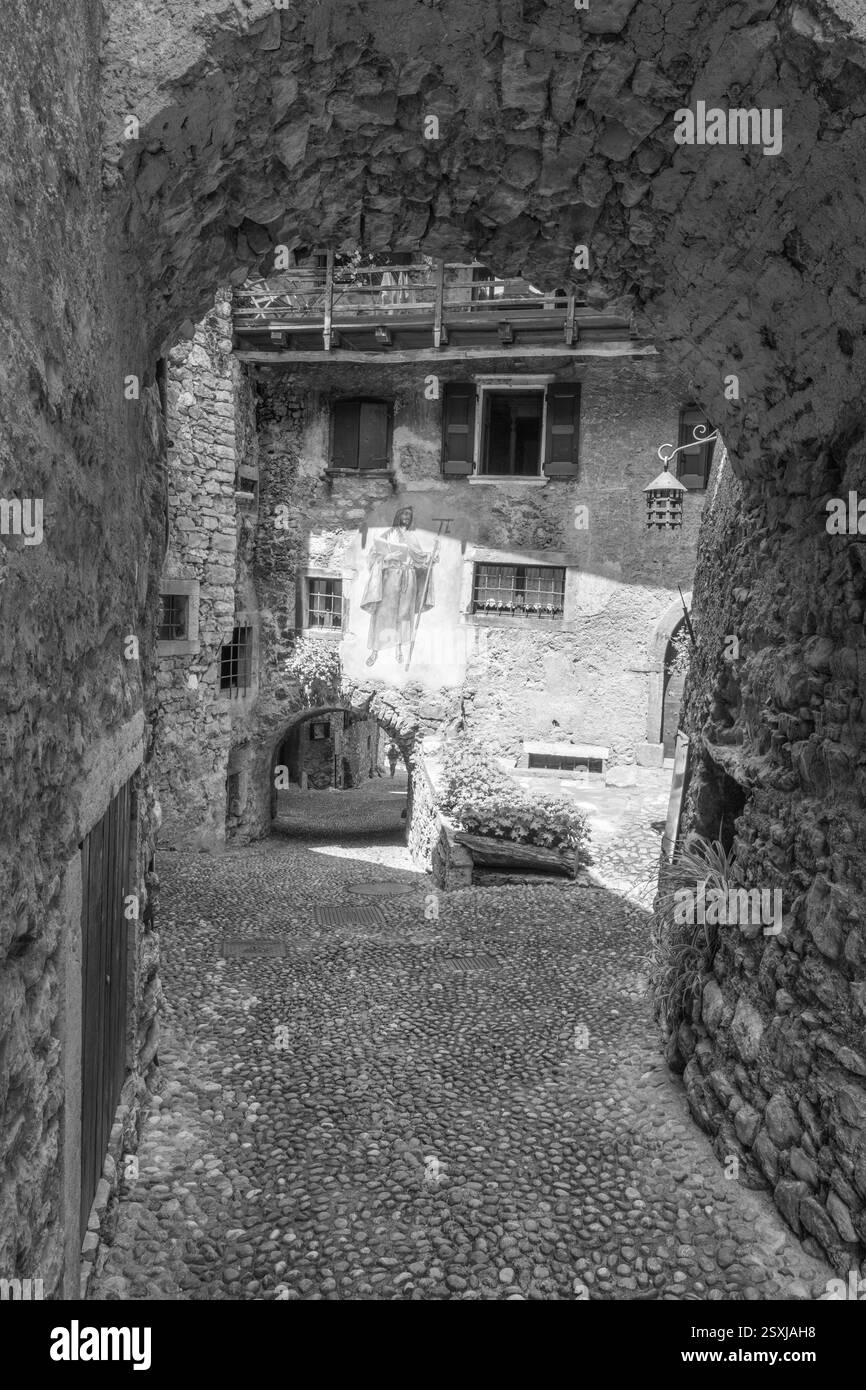 CANALE DI TENO, Italia - 9 giugno 2019: Il moderno affresco di San Francesco sulla facciata del borgo rurale casa vicino Lago di Teno lago. Foto Stock