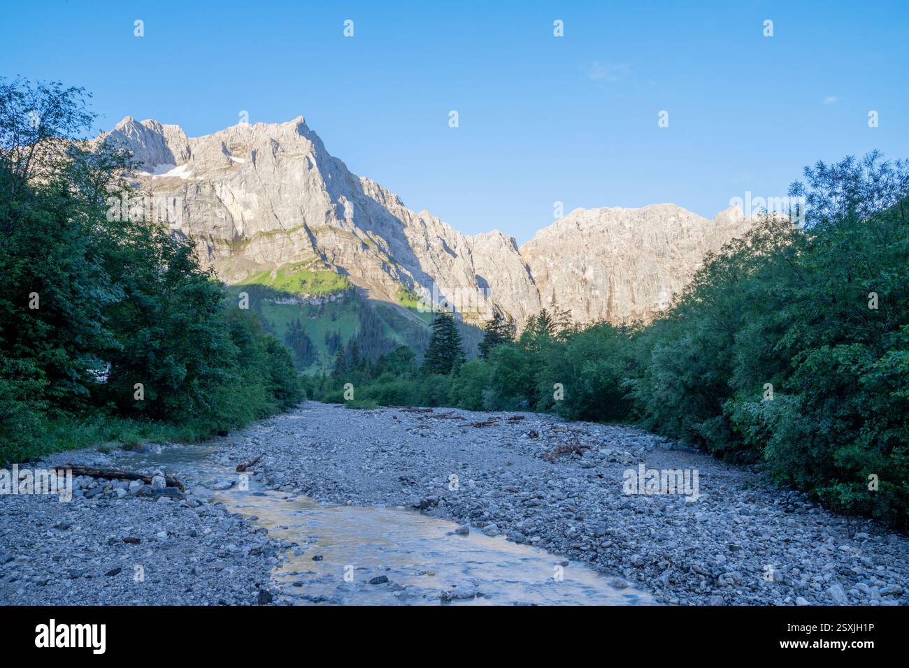 Le pareti nord dei monti Karwendel - pareti di Spritzkar spitze e Grubenkar spitze da Enger alto - Grosser Ahornboden vicolo. Foto Stock