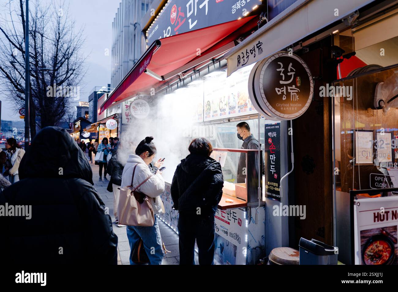 Seoul, Corea del Sud. 15 febbraio 2025: Persone che comprano cibo di strada in Seoul Street Foto Stock