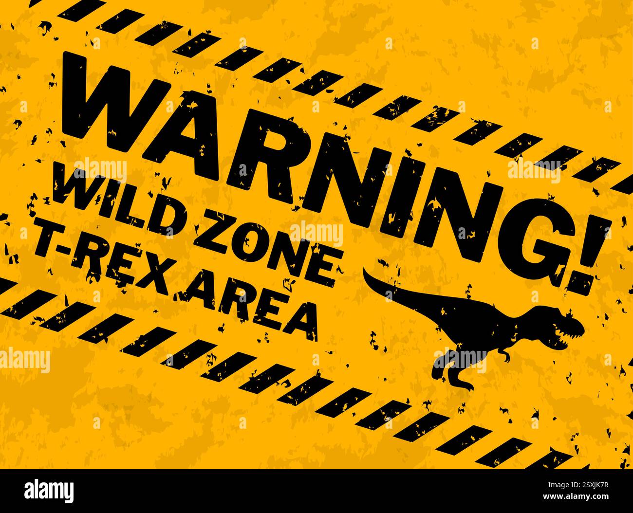 Cartello segnaletico grunge per la zona dei dinosauri. Il banner Vector cautionary con una silhouette dino ruggente in nero e giallo, avverte gli spettatori della canna Illustrazione Vettoriale