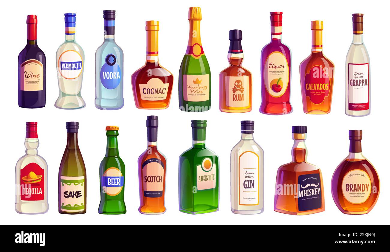 Fumetti di alcool bottiglie di liquore e vino o bevande bar, icone vettoriali. Champagne e whiskey o scotch e brandy con rum e tequila, abs Illustrazione Vettoriale