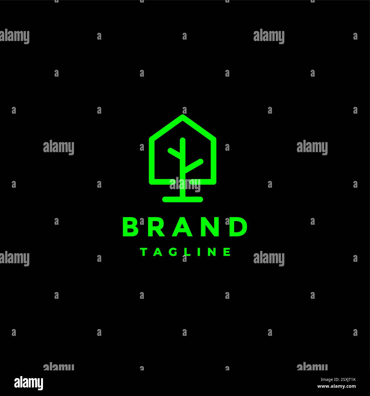 Logo Design dell'icona Green Tree House. Design del logo dell'icona della linea Treehouse creativa. Illustrazione Vettoriale