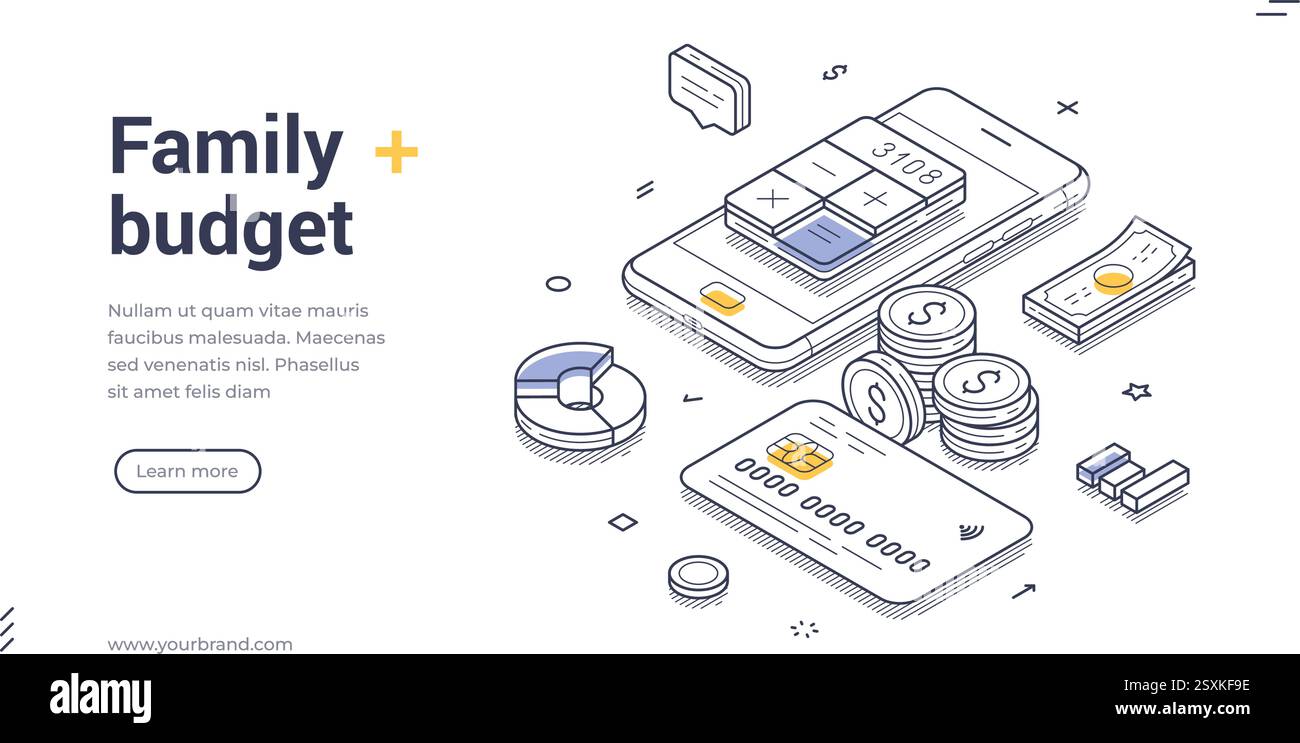 Concetto di budget per la famiglia. Il banner Web presenta un design isometrico che mostra uno smartphone con un'app di budget, bollette, monete e grafici. Vettore i Illustrazione Vettoriale