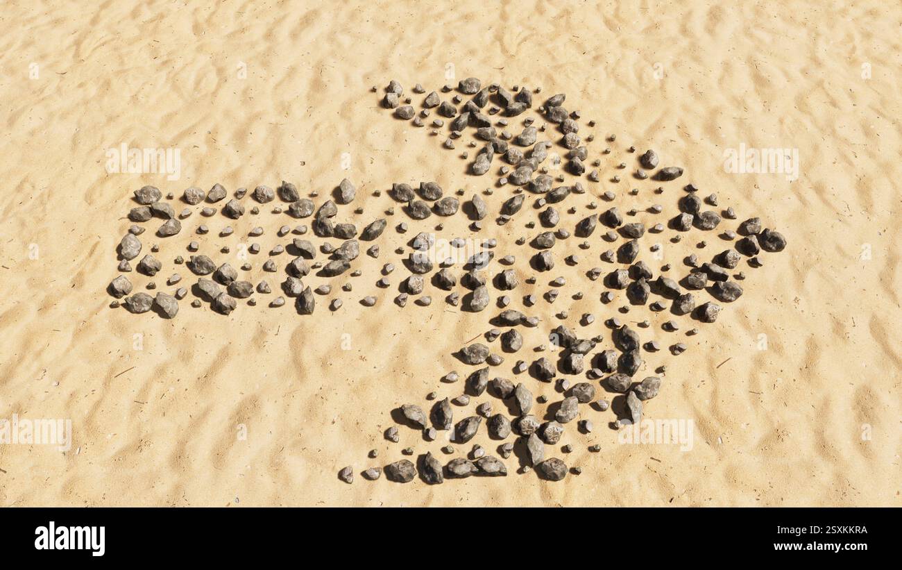 Concept pietre concettuali sulla spiaggia sabbia simbolo forma fatta a mano, sfondo di sabbia dorata, segnaletica stradale. 3d metafora di illustrazione per la navigazione, strategia Foto Stock