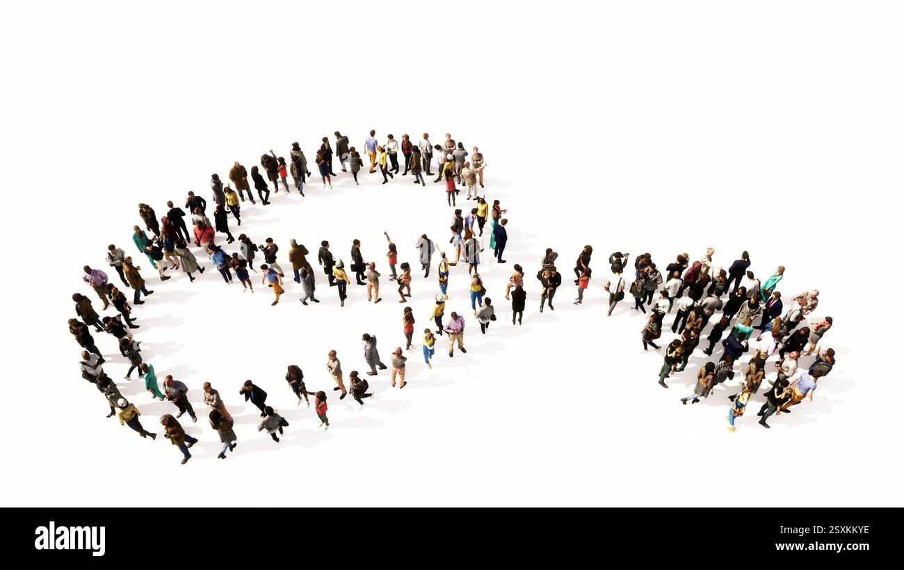 Concetto o grande riunione concettuale di persone che formano un'immagine di uno stetoscopio su sfondo bianco. Una metafora dell'illustrazione 3d per un controllo Foto Stock