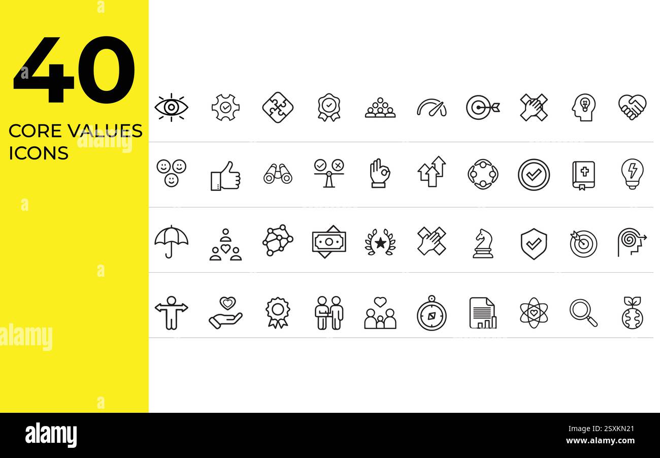 40 Set di icone della linea Core Value |icone di riferimento per integrità, innovazione, crescita, fiducia, etica, e il lavoro di squadra Illustrazione Vettoriale