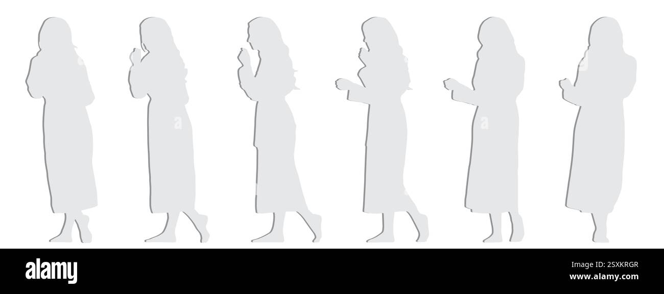 Concetto vettoriale sagoma concettuale in carta grigia di una donna in un accappatoio da diverse prospettive isolata su sfondo bianco Illustrazione Vettoriale