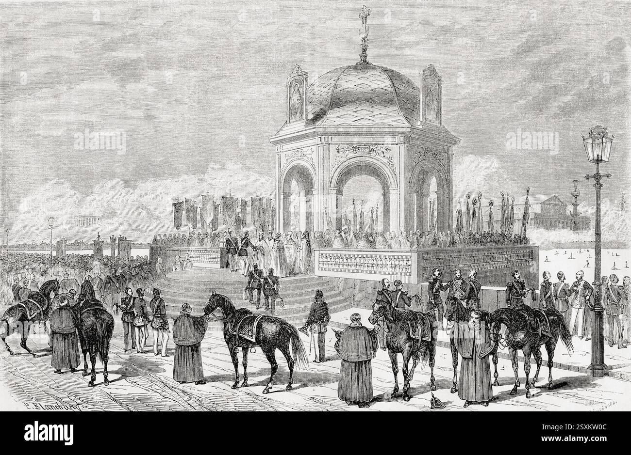 Benedire l'acqua, Yordann, Russia, XIX secolo. Servizio religioso tradizionale russo. Da le Tour du Monde, pubblicato nel 1861. Foto Stock