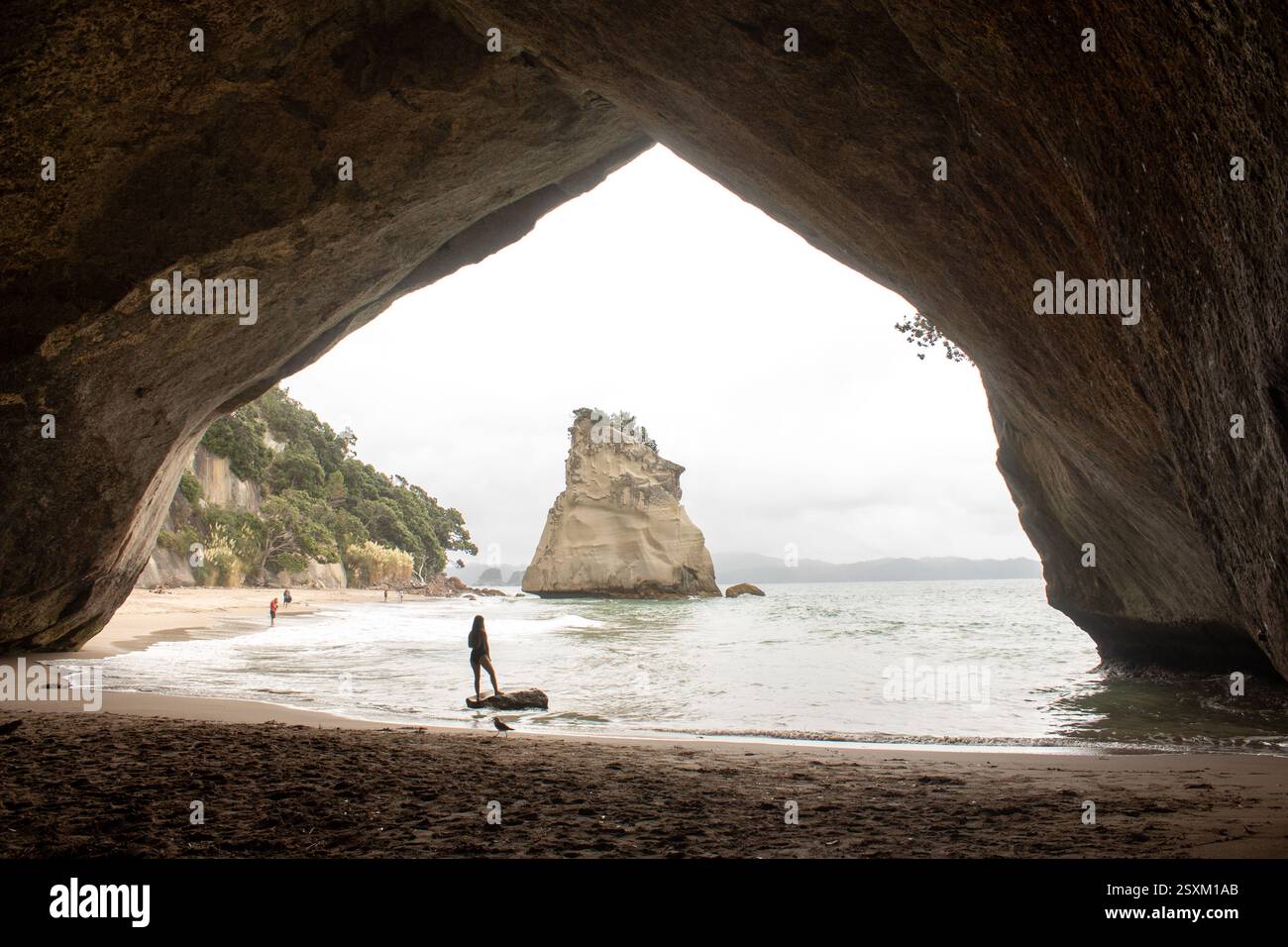 Cathedral Cove, nuova Zelanda: La donna si erge sulla spiaggia, incorniciata da un arco di grotta. Te HOHO Rock è visibile sul mare: Cielo nuvoloso, vista panoramica sulla costa. Foto Stock