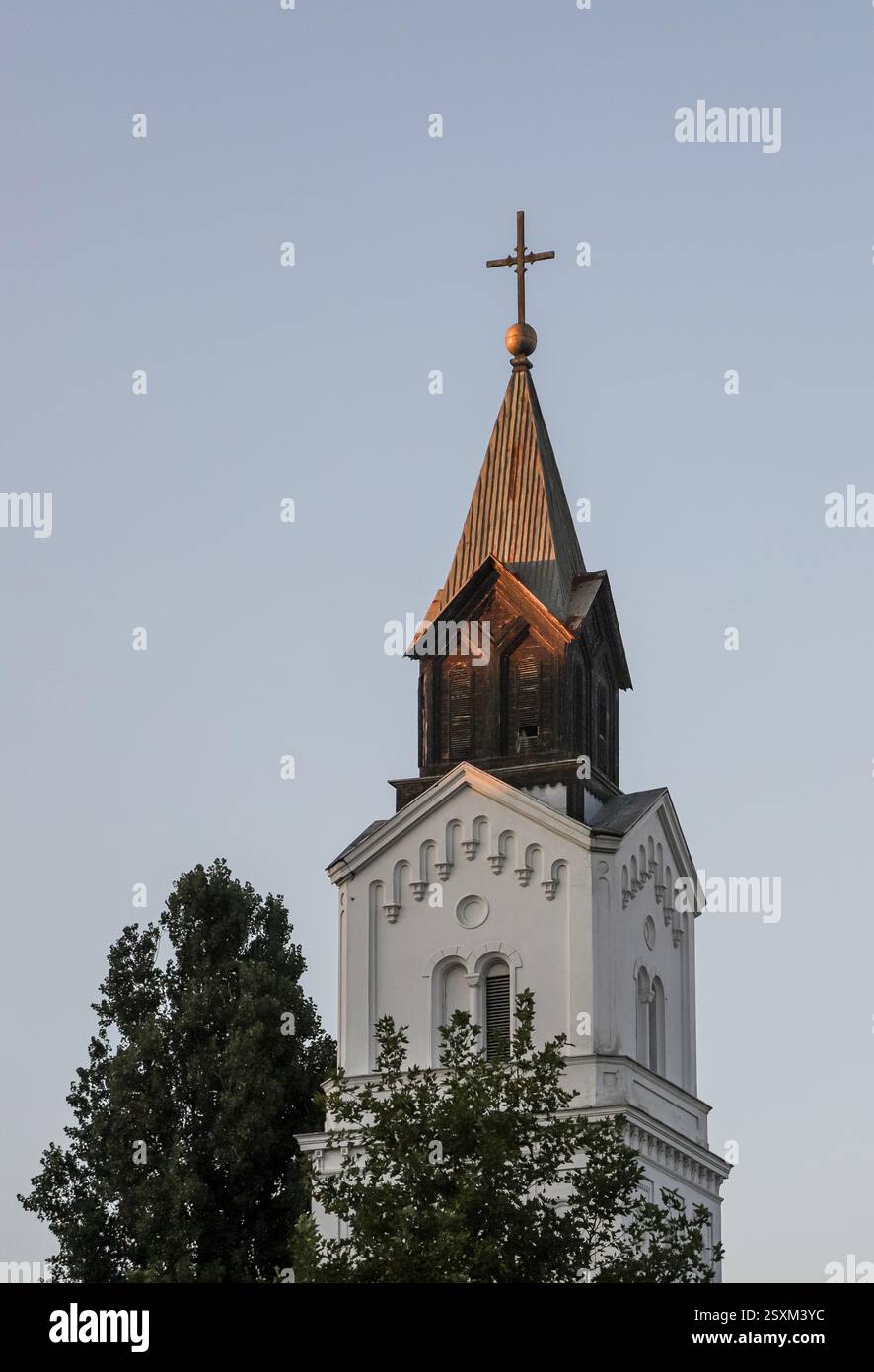 L'ornata torre della chiesa mostra un'architettura intricata e una croce dorata sulla cima, incorniciata da alberi lussureggianti e un morbido cielo serale a Bucarest, in Romania. Foto Stock