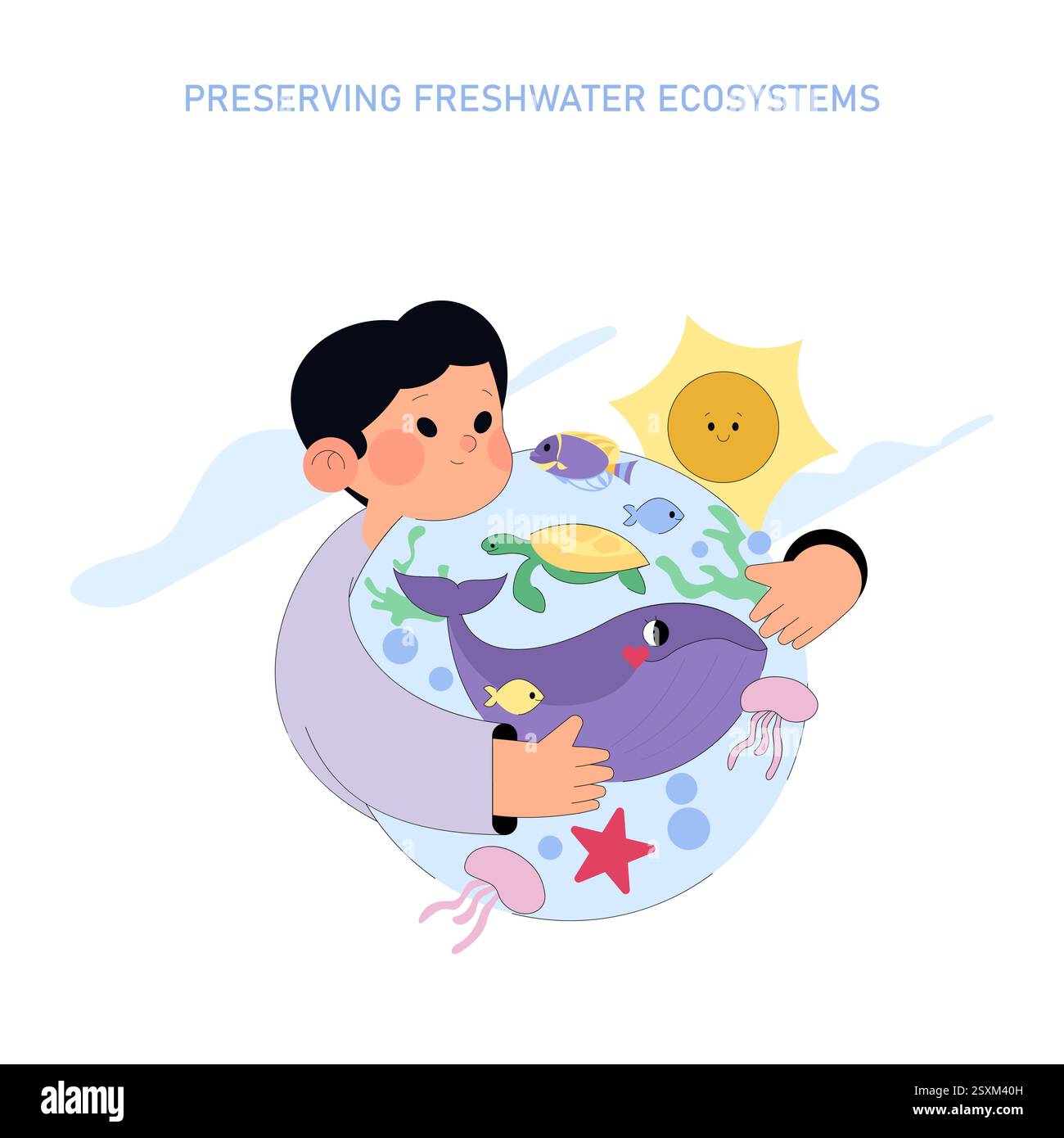 Illustrazione della giornata mondiale dell'acqua. Celebrare l'importanza degli ecosistemi di acqua dolce e la necessità di preservarli. Evidenzia l'impegno attivo nella conservazione degli habitat acquatici e della vita marina. Illustrazione vettoriale. Illustrazione Vettoriale