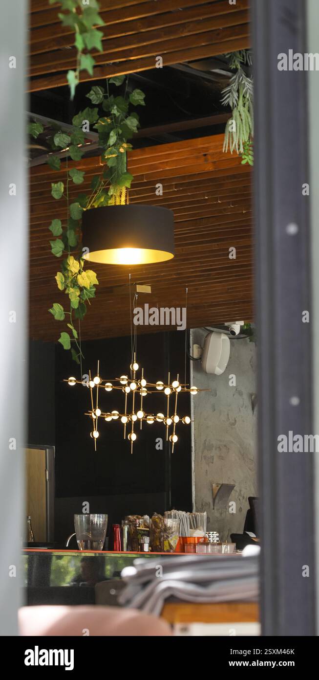 Gli eleganti apparecchi di illuminazione creano un'atmosfera calda in un caffè contemporaneo a Bucarest, Romania, caratterizzato da piante appese e un ambiente invitante. Foto Stock