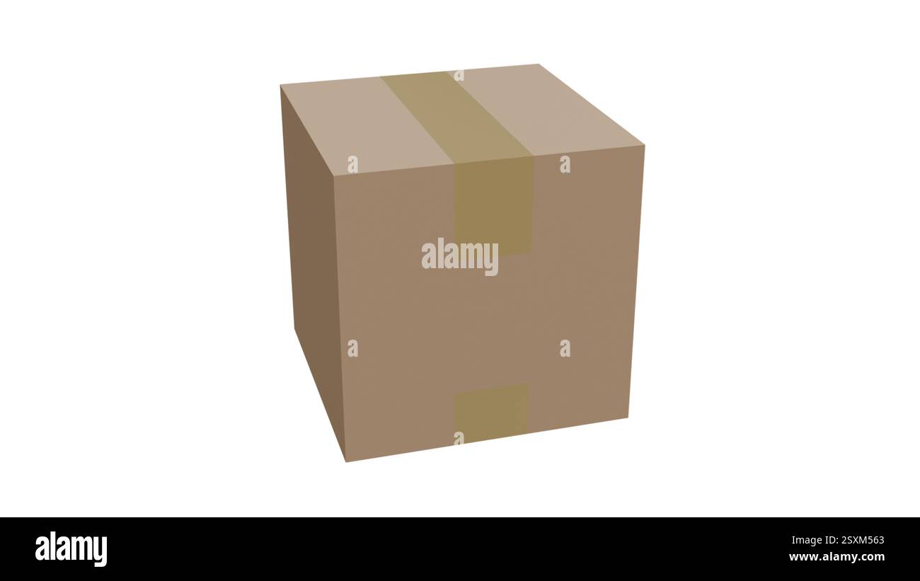 Modello 3D di una scatola di cartone su sfondo bianco, scatola di imballaggio Foto Stock