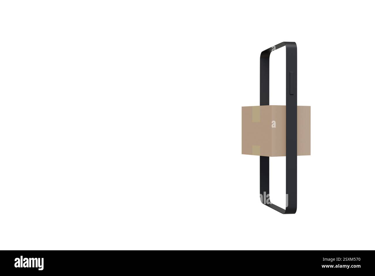 Modello 3D di scatola di cartone e telefono cellulare su sfondo bianco, ordine e consegna online, pacco per telefono Foto Stock
