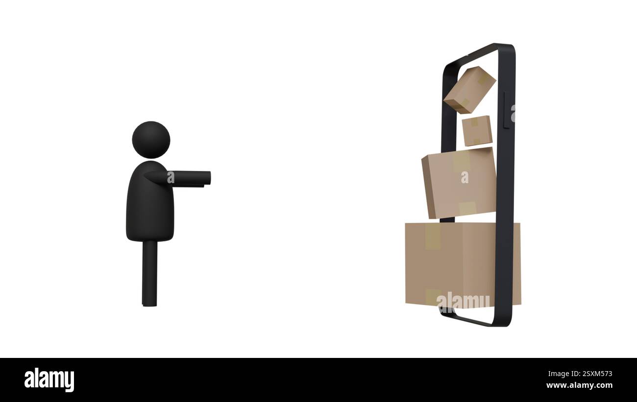 Modello 3D di scatole di cartone, telefono cellulare e uomo nero su sfondo bianco, ordini e consegne online, pacchi telefonici Foto Stock