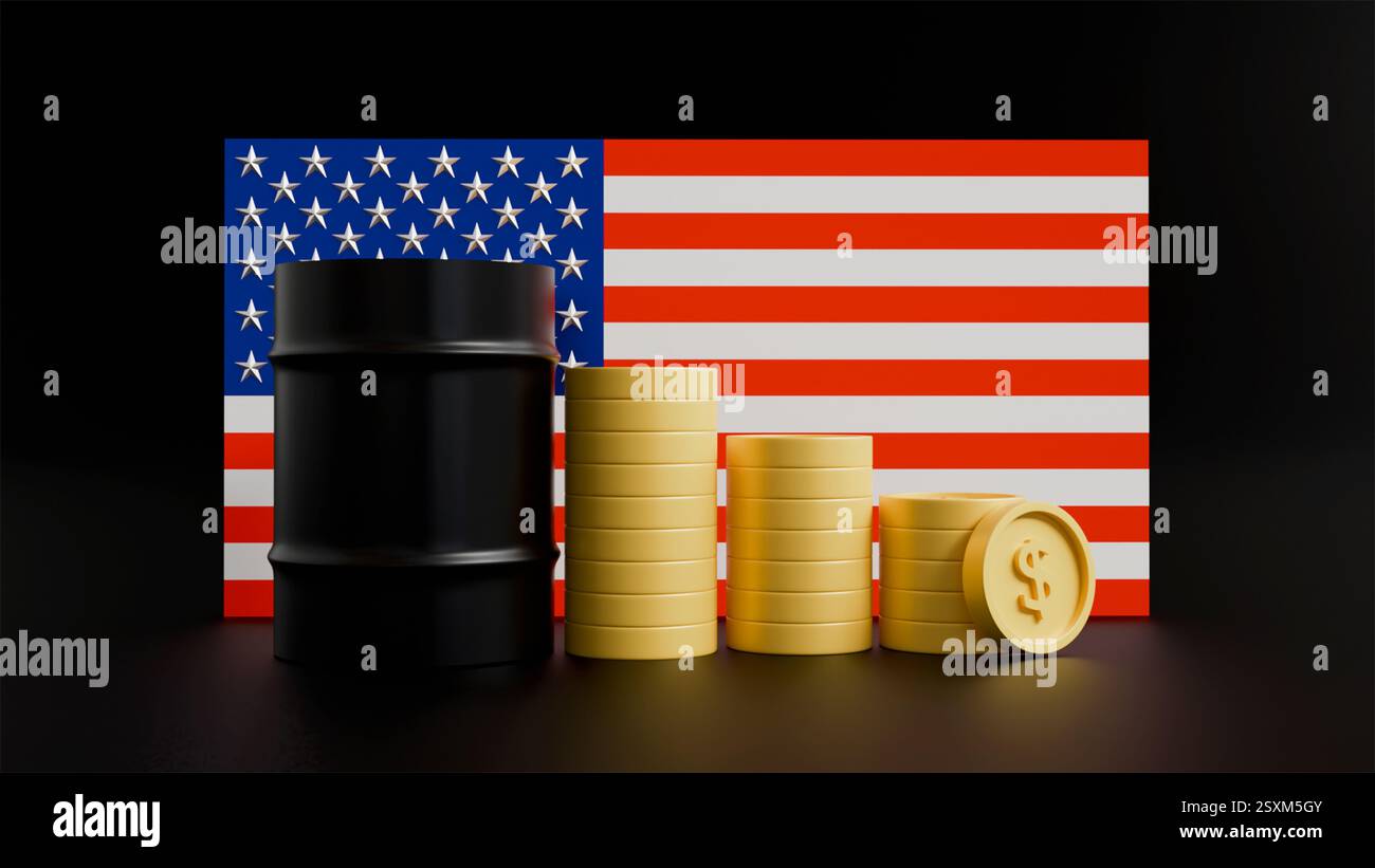 Modello 3d di botte di petrolio nero e pila di monete d'oro e bandiera americana su sfondo nero, denaro e petrolio, botte di petrolio Foto Stock