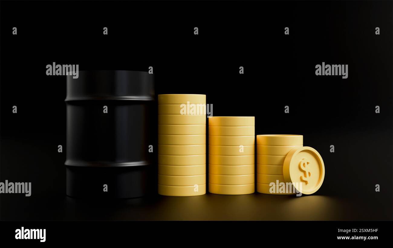 modello 3d di un barile di olio nero e una pila di monete d'oro su sfondo nero, denaro e olio, botte di petrolio Foto Stock