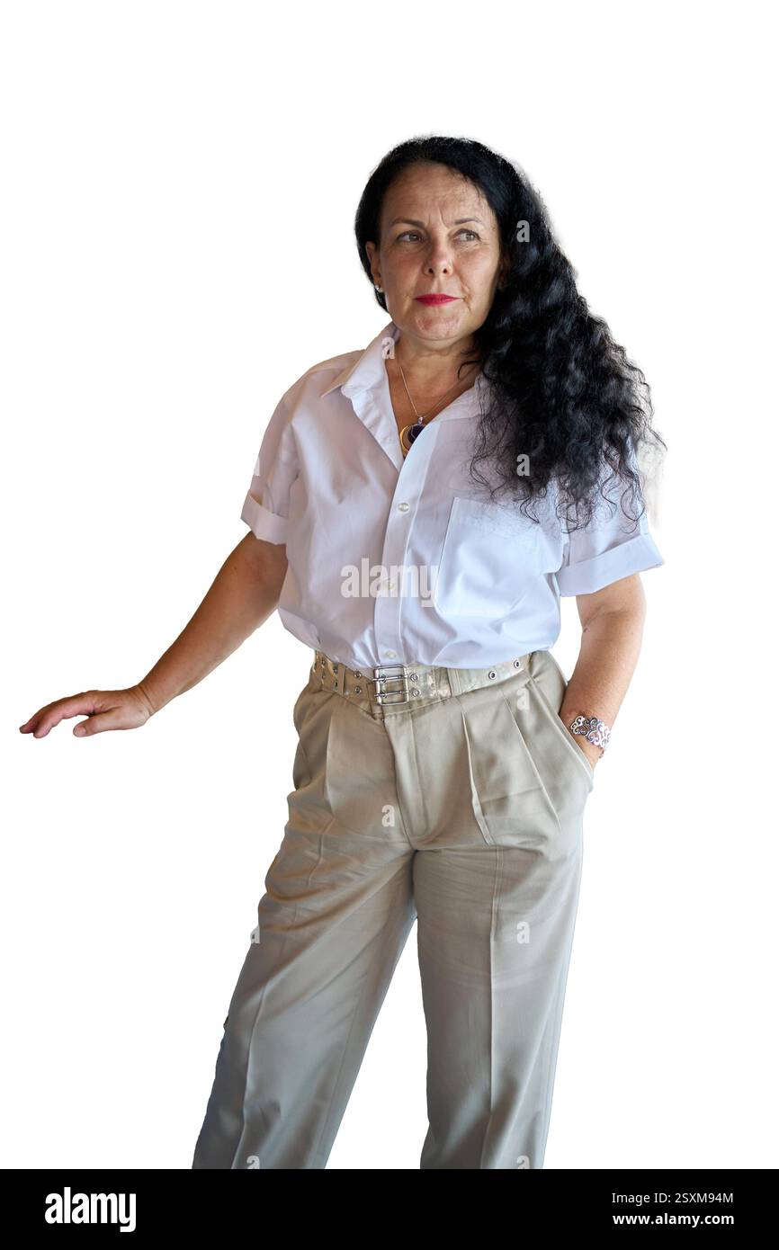 an donna anziana in elegante abito da lavoro estivo isolato, png, Foto Stock