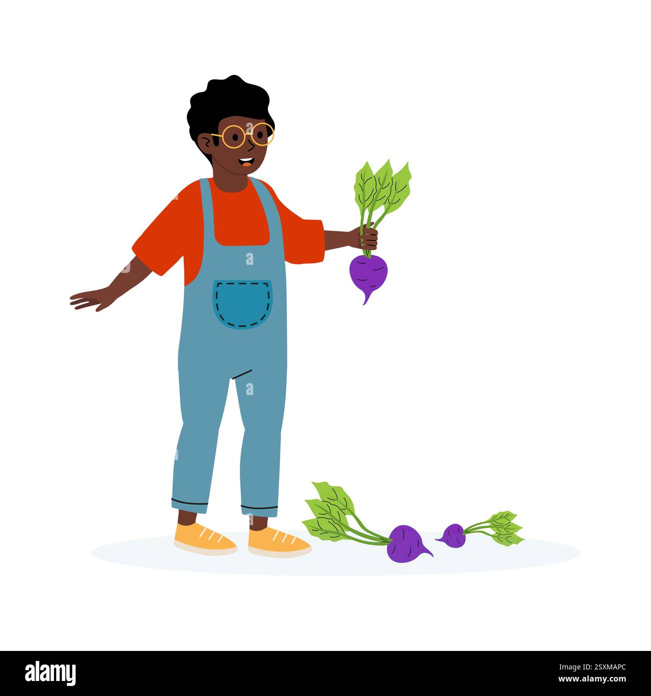Bambino che tiene verdure viola fresche in un giardino durante un pomeriggio di sole Illustrazione Vettoriale