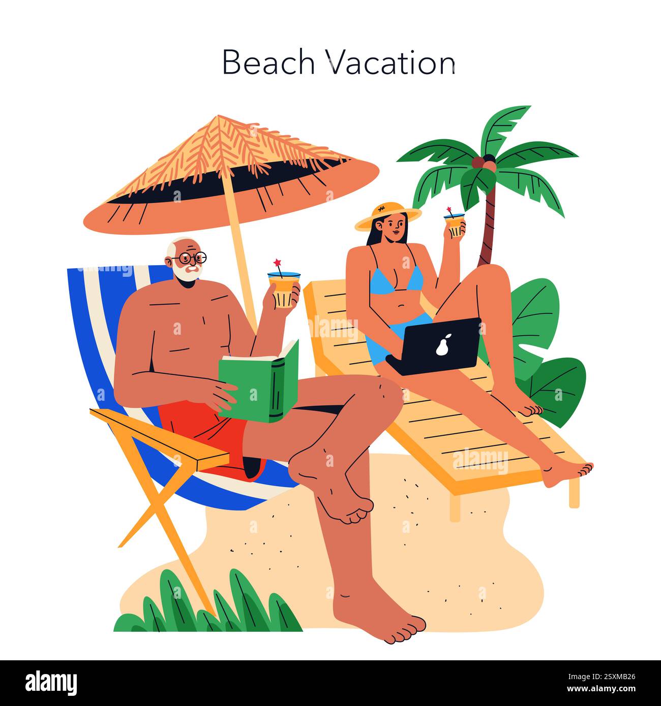 Concetto di vacanza in spiaggia. Un ambiente rilassato di due persone che si godono una giornata di sole sulla spiaggia. Uno sta leggendo mentre l'altro lavora su un laptop, entrambi sorseggiando bevande sotto la protezione solare. Atmosfera rilassante, perfetta per distendersi e attività ricreative. Illustrazione vettoriale. Illustrazione Vettoriale