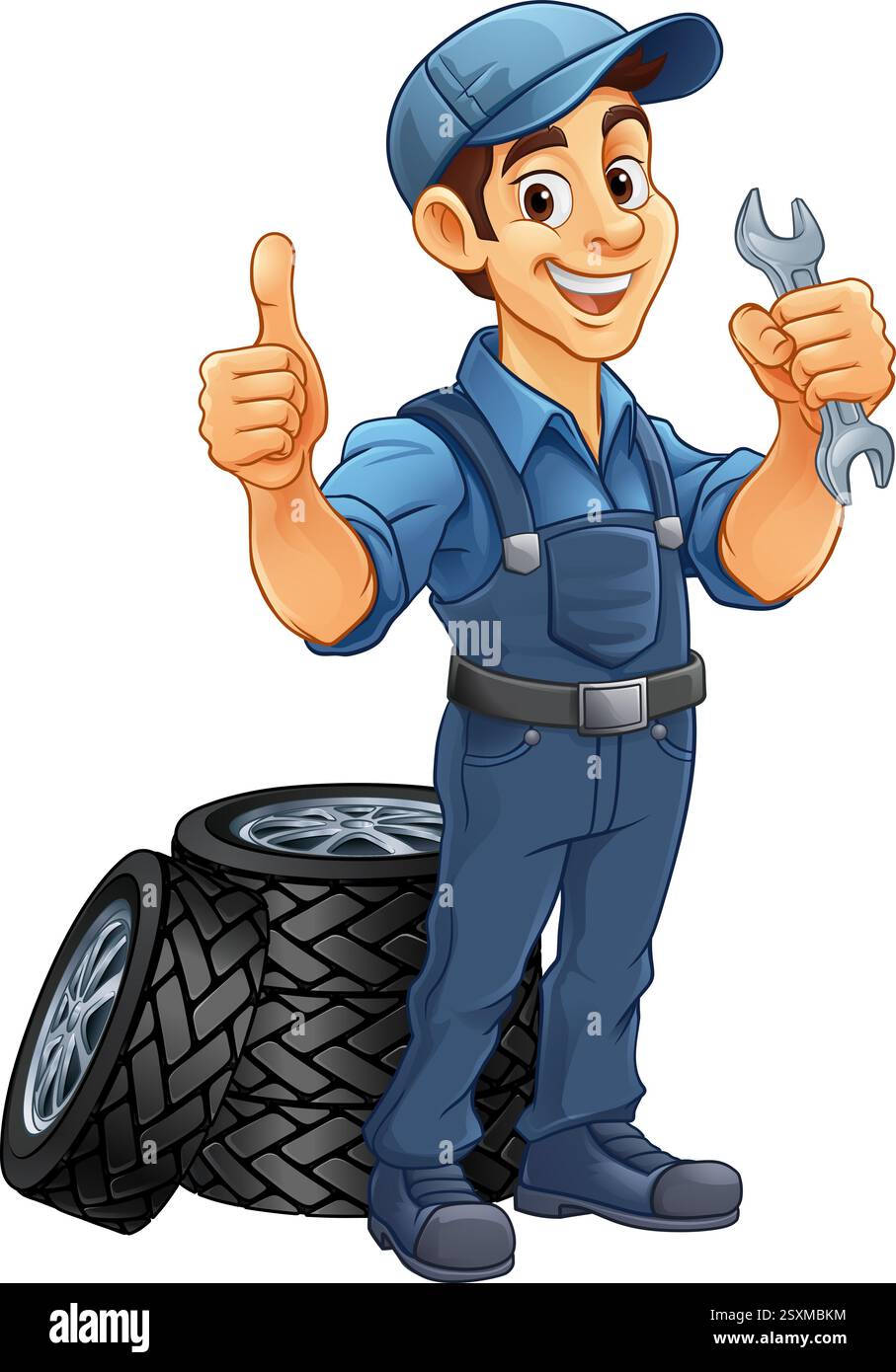 Pneumatico pneumatico meccanico per l'assistenza auto Mascotte Cartoon Man Illustrazione Vettoriale