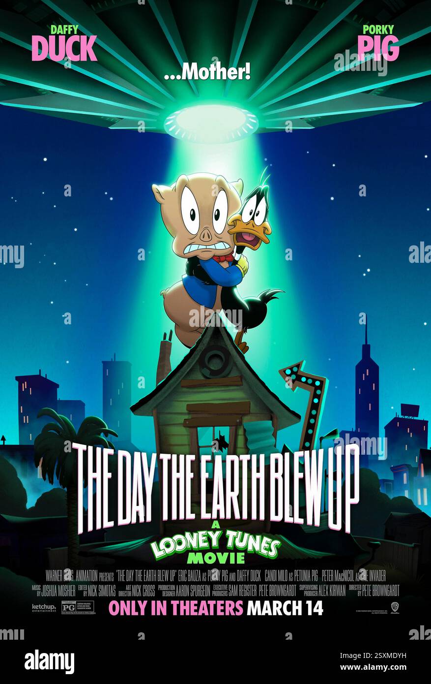 The Day the Earth Blow Up: A Looney Tunes Movie (2024) diretto da Pete Browngardt e interpretato da Eric Bauza, Candice Milo e Peter MacNicol. Porky Pig e Daffy Duck collaborano per salvare la Terra da un'invasione aliena in questa avventura comica animata. USA SOLO PER USO EDITORIALE DI un foglio di poster. Crediti: BFA / Warner Bros Foto Stock