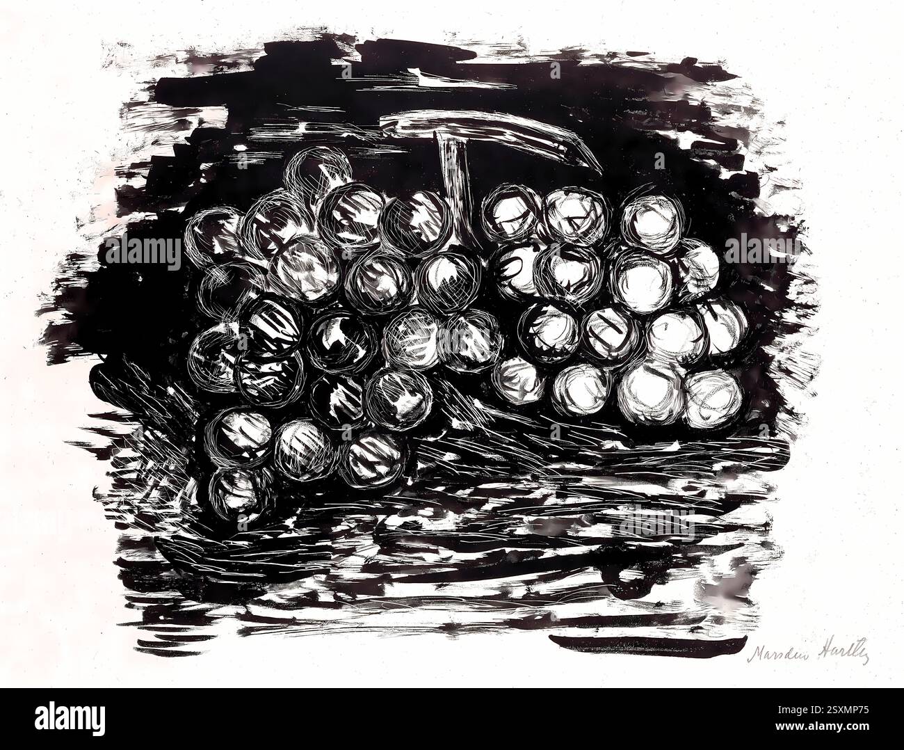 Uva di Marsden Hartley (1923). Stampa moderna in bianco e nero con linee espressive audaci che raffigurano grappolo di frutta. Artista: Marsden Hartley. Foto Stock