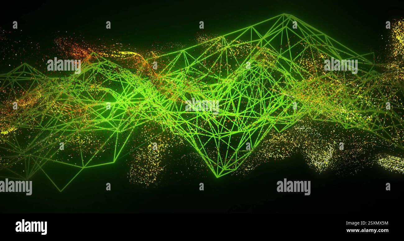 Immagine della rete digitale di connessioni su macchie dorate di luce su sfondo nero Foto Stock