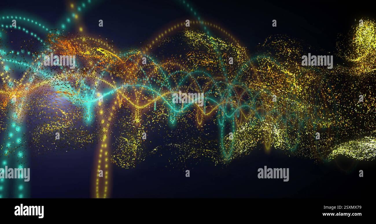Immagine della rete digitale di connessioni su macchie dorate di luce su sfondo nero Foto Stock