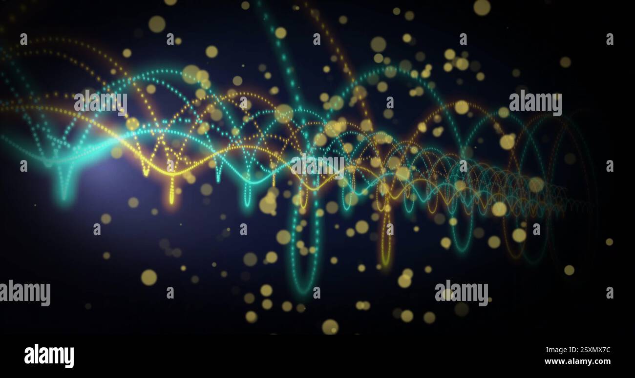 Immagine della rete digitale di connessioni su macchie dorate di luce su sfondo nero Foto Stock