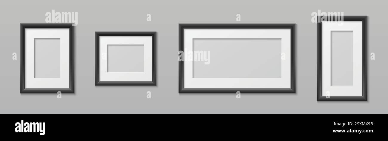 Modelli di cornice con bordi neri di varie dimensioni e proporzioni: Rettangolari orizzontali e verticali, quadrati. Modelli di foto vuoti su parete grigia per presentazioni di portfolio o gallerie. Illustrazione Vettoriale