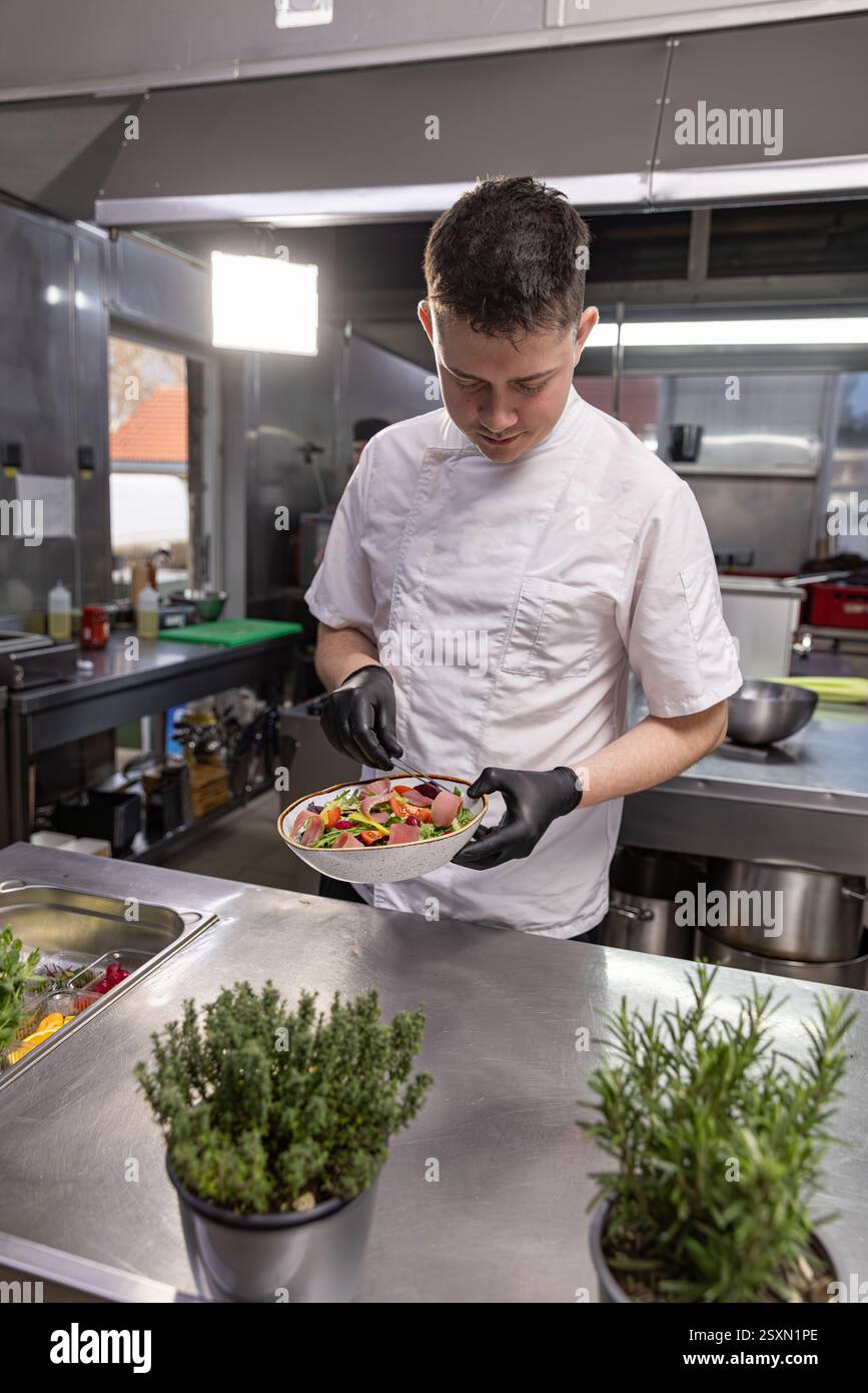 Chef professionista che prepara con cura un'insalata gourmet in una moderna cucina del ristorante Foto Stock